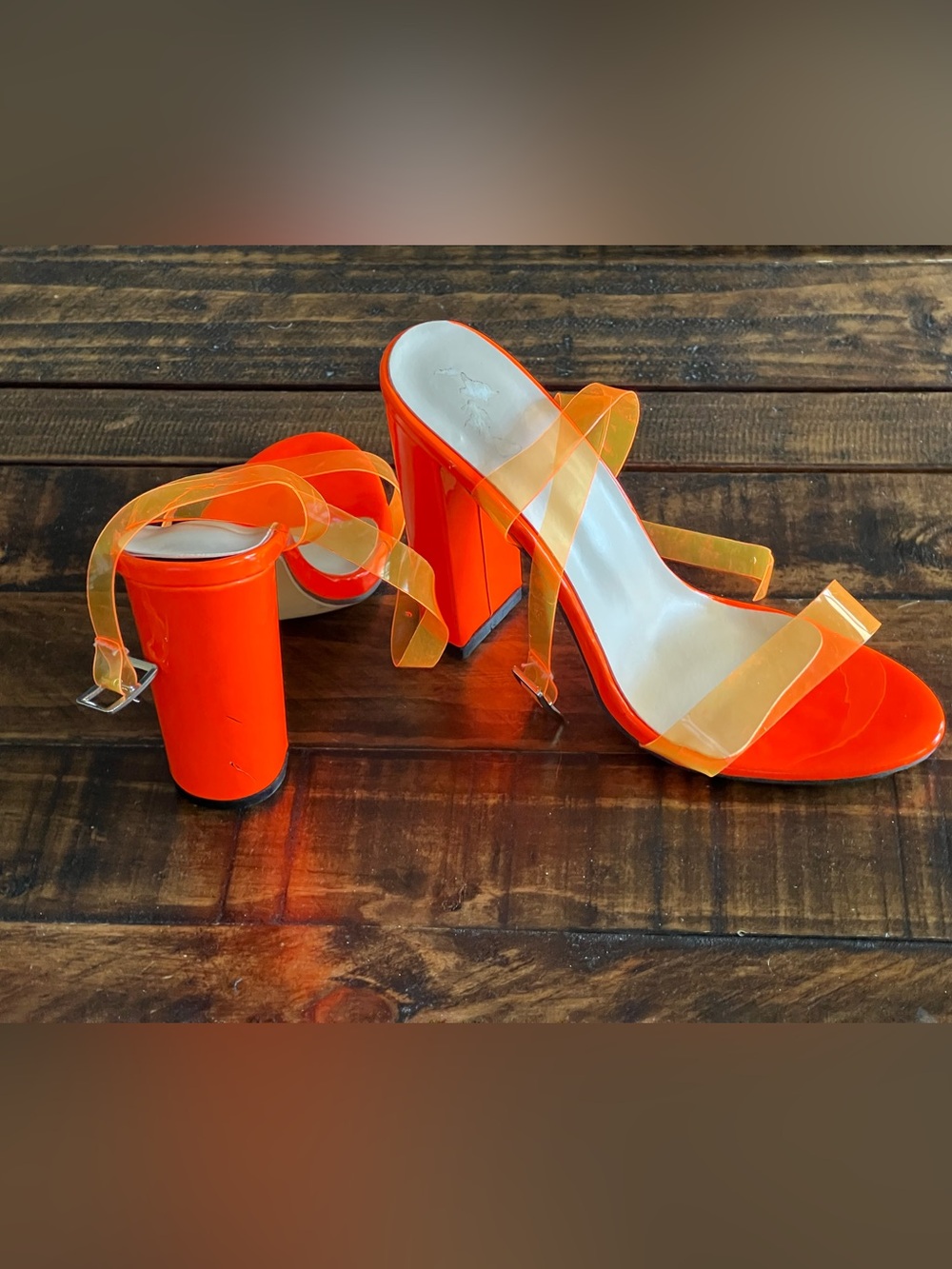 Orange Clear Strap Block Heel Sandals - Women